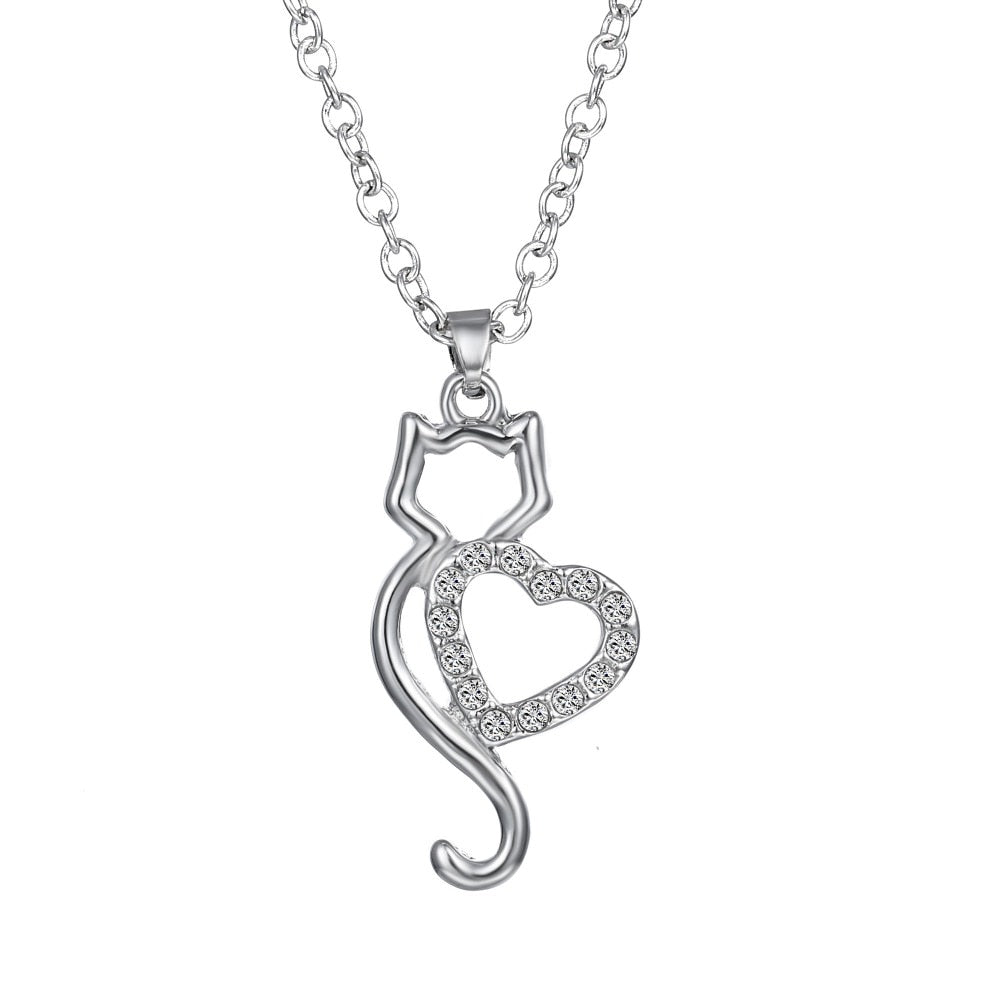 Silver Crystal Cat Necklace